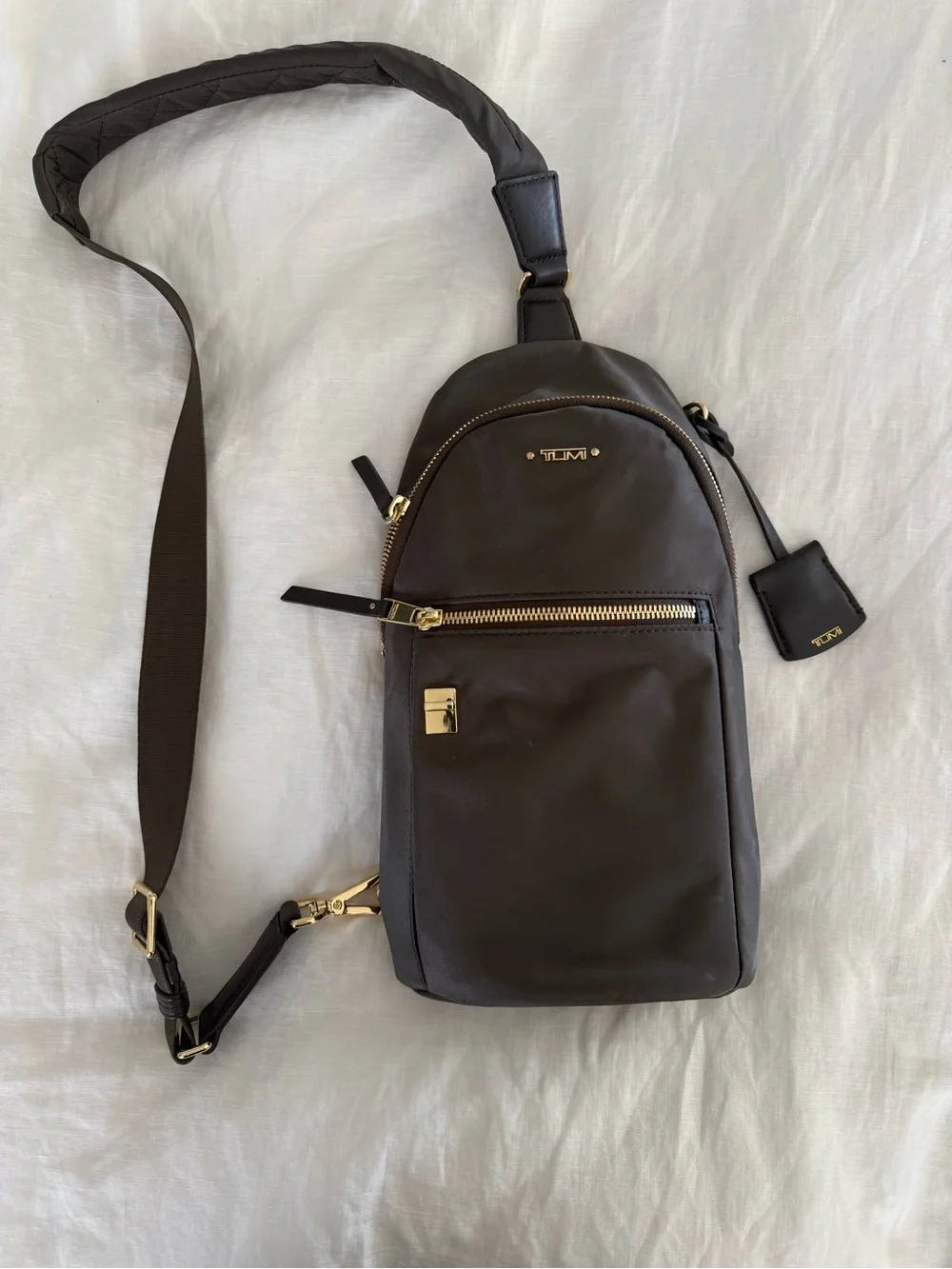Tumi Men's Dark Brown Crossbody Sling with Gold Hardware